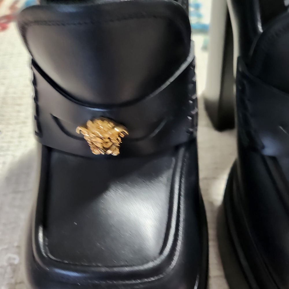 Versace Black Leather Medusa Head Double Platform Block Heel Loafers Size 38 - Picture 4 of 9